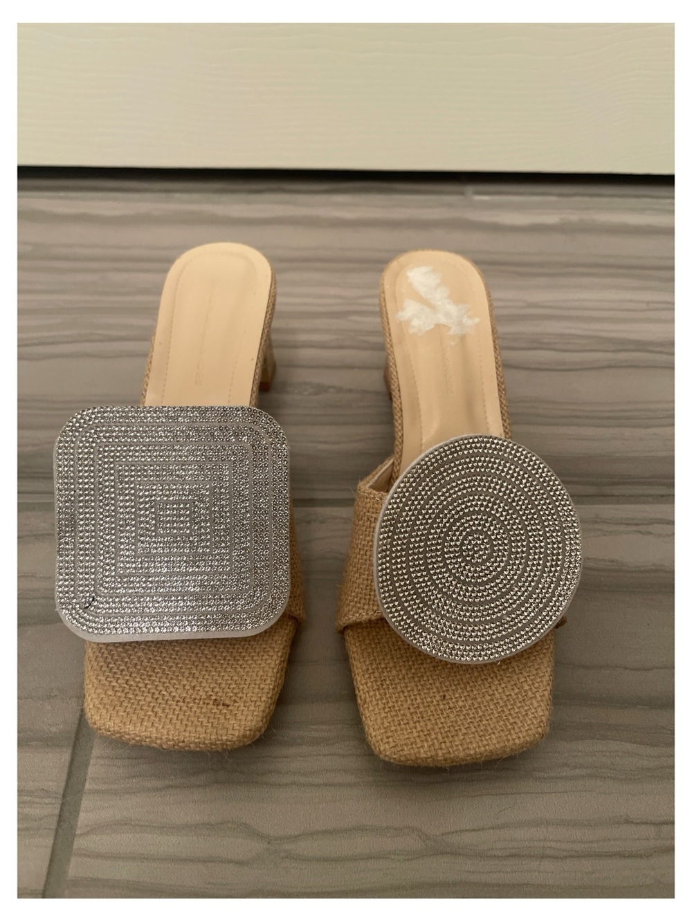 Beige Woven Slide Sandals with Silver Embellishment - Women